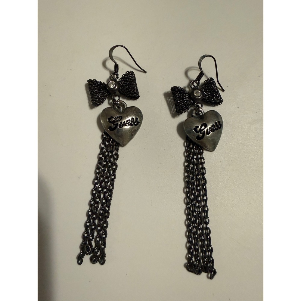 Guess Gunmetal Heart Bow Tassel Drop Earrings Mesh Bow Rhinestone Fringe Logo‎